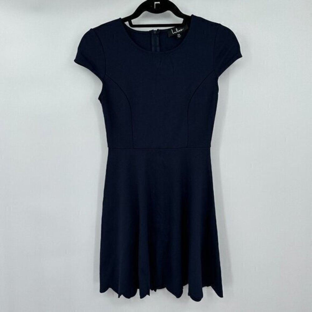 Lulus Womens Dress XS Navy Blue Short Sleeves Scallop Hem Fit Flare Preppy Knit